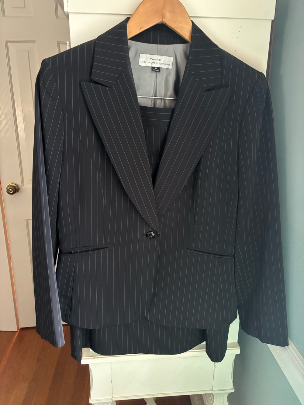 Black Pinstripe Women's Suit Blazer & Skirt set